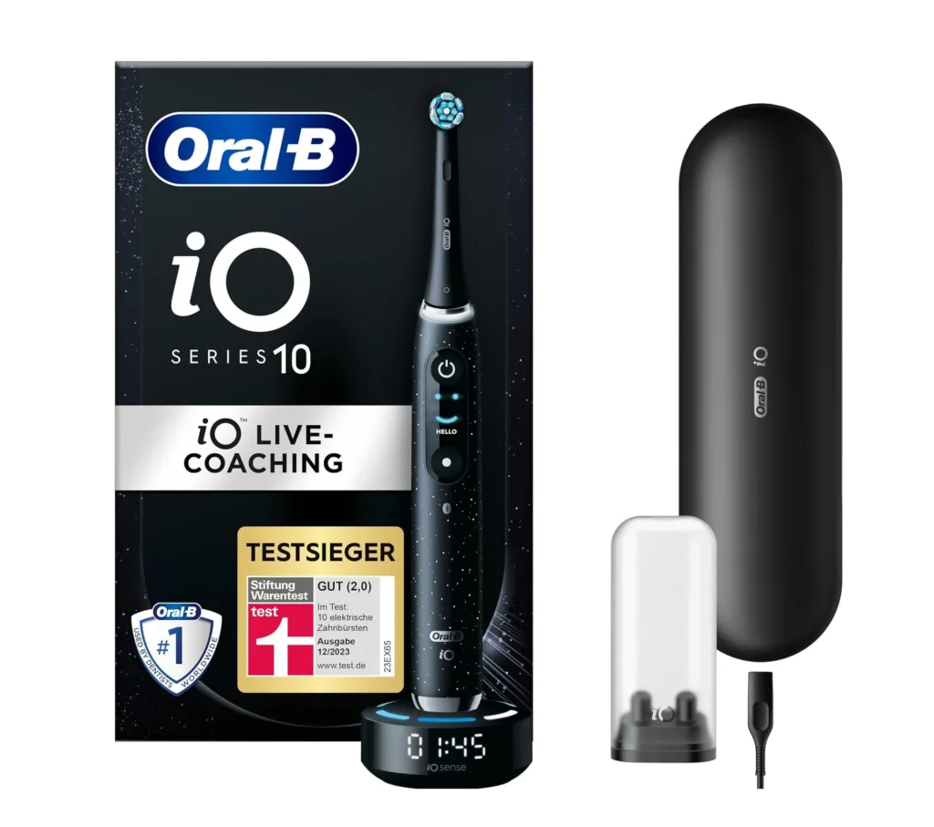 Elektrische Zahnbürste mit Smiley Anzeige von Oral B. Schwarz.